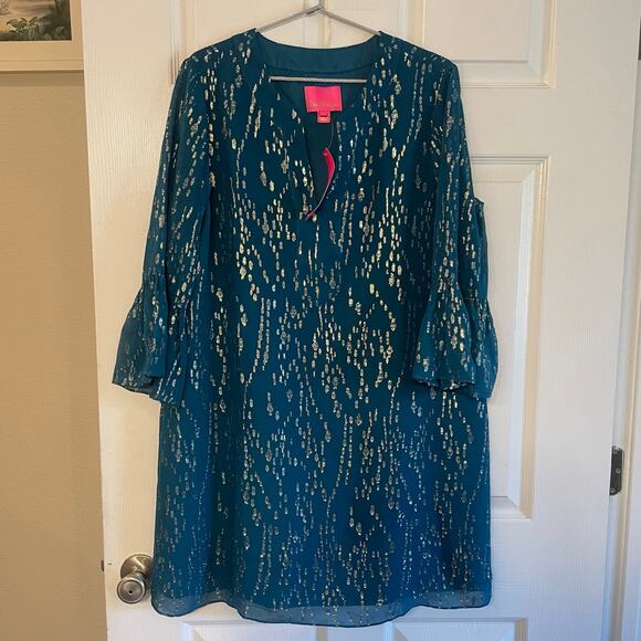 NWT Lilly Pulitzer ELENORA SILK DRESS Inky Tidal Fish Clip Chiffon Teal Size L - Picture 1 of 15